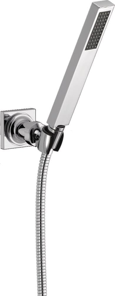 Chrome wall-mount hand shower with rectangular head, adjustable bracket, and flexible hose connection.