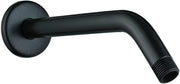 Rubbed bronze shower arm with circular wall flange and angled outlet pipe with threaded connection.