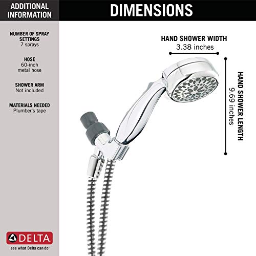 Chrome hand shower with 7 spray settings, 3.38-inch diameter head, and 60-inch hose.