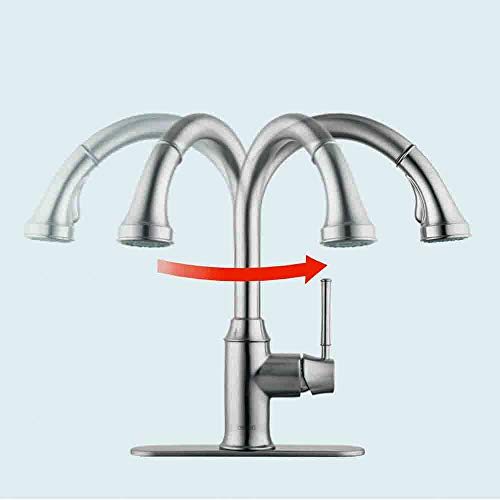 Brushed gold single-handle high arc kitchen faucet with pull-down spray head and deck plate.