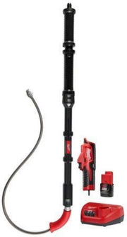 Black cordless toilet auger with flexible cable, red battery, charger, and two batteries included.