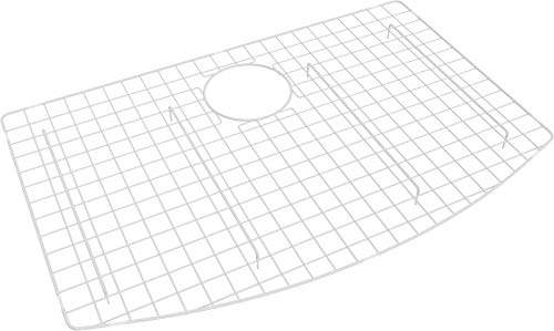Stainless steel wire grid sink protector with rectangular shape and circular drain opening.
