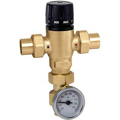 Brass 3-way mixing valve with black temperature control knob and attached thermometer gauge showing temperature scale.