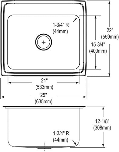 Stainless steel drop-in sink with single bowl, rounded corners, and three pre-drilled holes for faucet mounting.