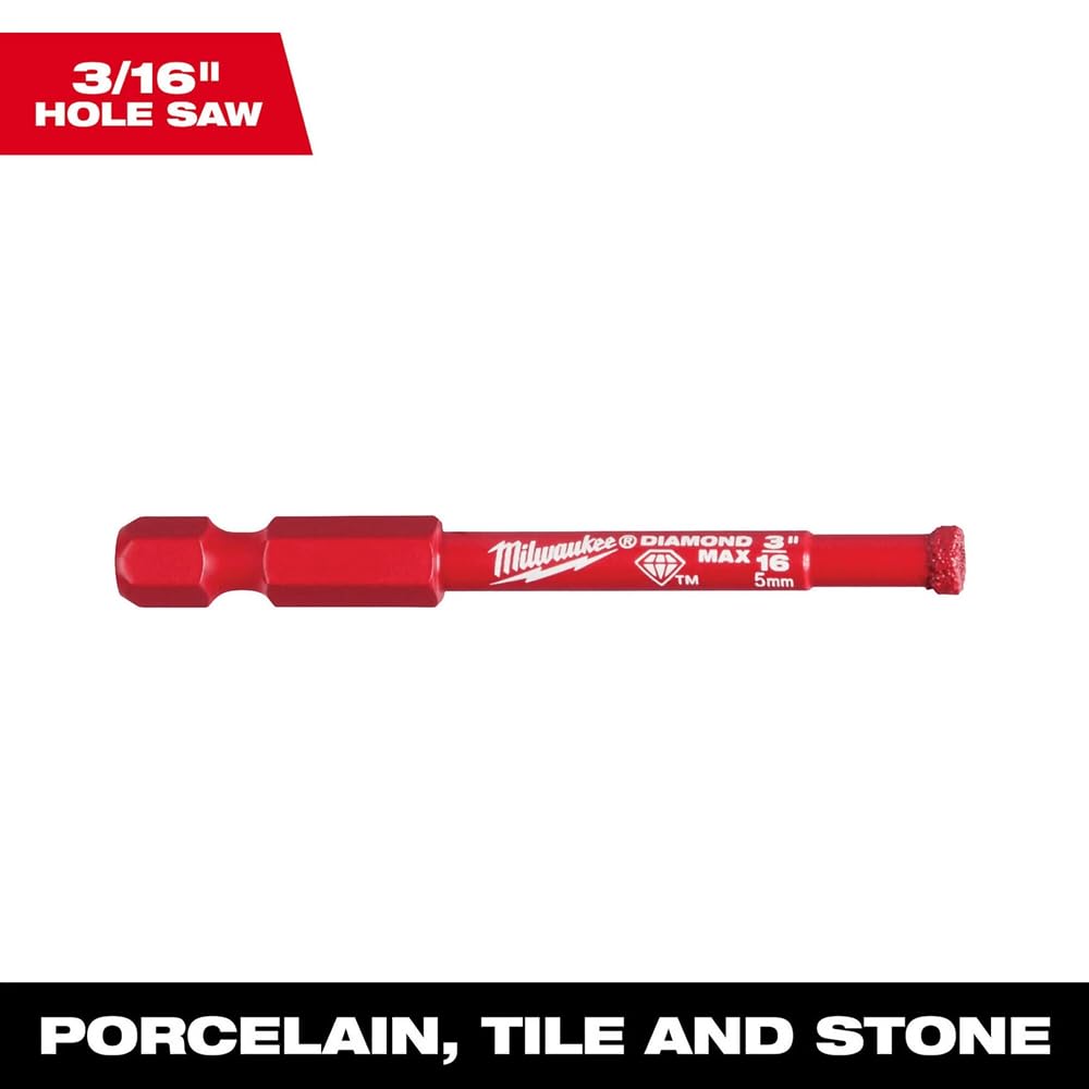 Milwaukee 3/16" diamond hole saw with red shaft, hex shank, and diamond-coated tip for porcelain, tile and stone.