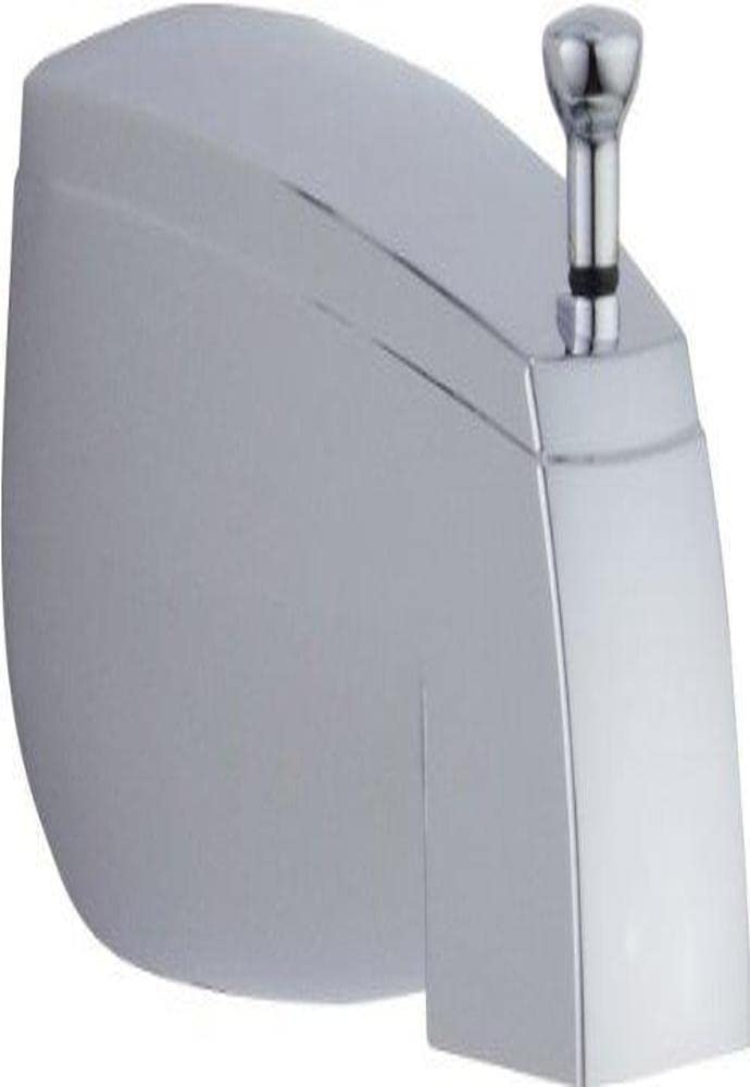 Chrome tub spout with pull-up diverter and curved wall mounting bracket.