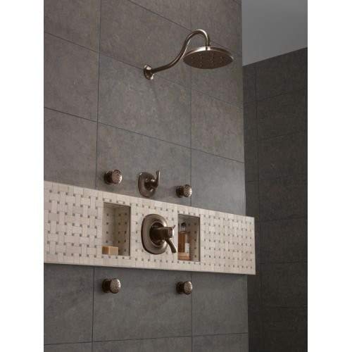 Venetian bronze curved shower arm with round showerhead mounted on tile wall above matching bronze valve controls.