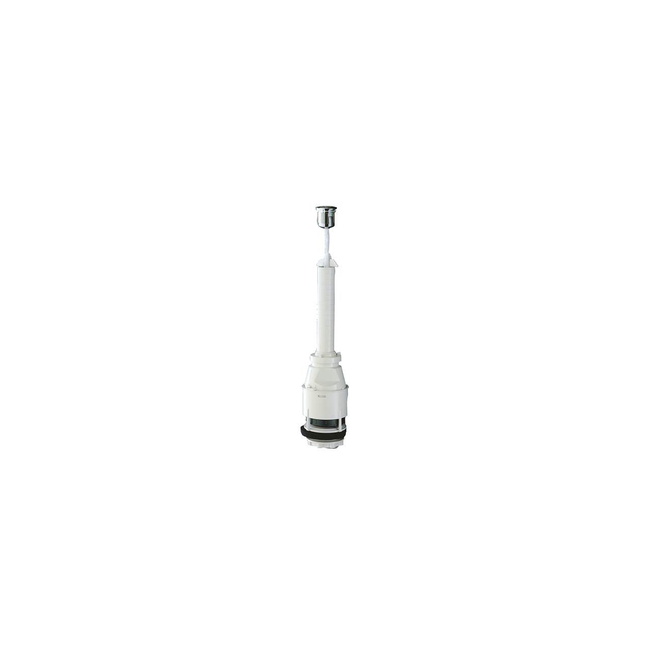 Grohe servo discharge valve with white plastic body, matte chrome top fitting, and black rubber seal ring at base.