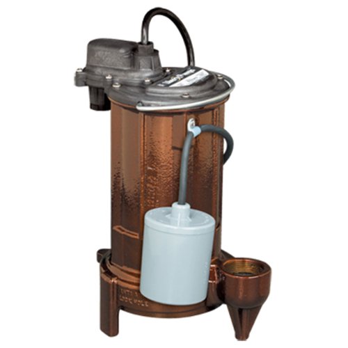 Cast iron automatic effluent sump pump with black motor head, brown cylindrical basin, white interior float, and black electr