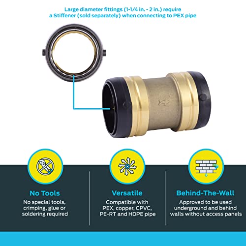 Brass push-to-connect coupling fitting with black grip rings for 2-inch pipe connection.