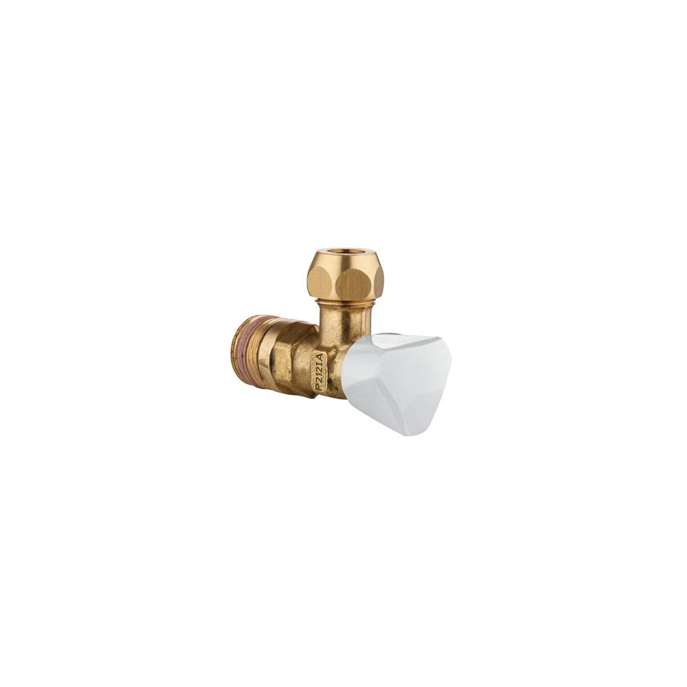 Brass angle stop valve with white triangular handle and chrome-plated finish connections.