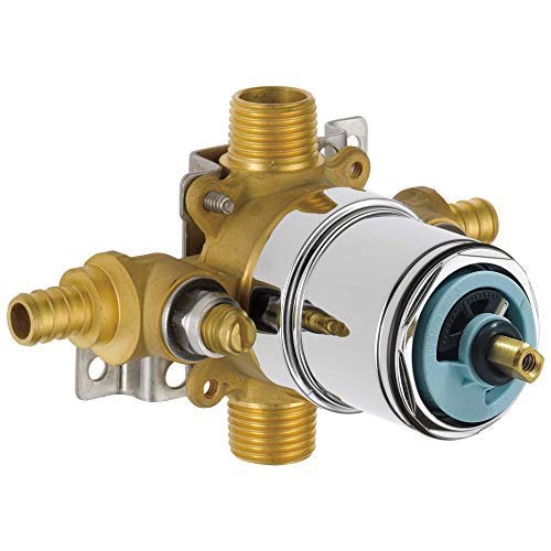 Brass tub and shower valve body with PEX connections, integrated stops, and white cartridge housing with blue internal compon
