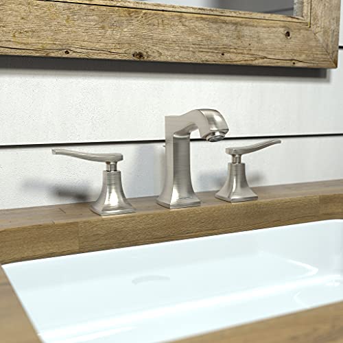 Brushed nickel three-piece widespread bathroom faucet with tall center spout and two side handles on wooden sink counter.