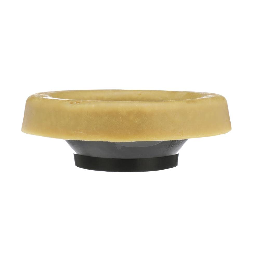 Round toilet wax ring with gray and black rubber base and tan wax seal.