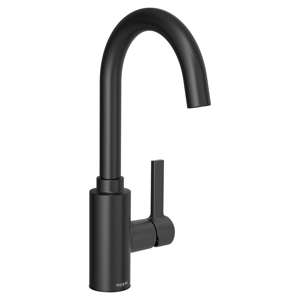 Matte black single-handle kitchen faucet with curved spout and cylindrical body.