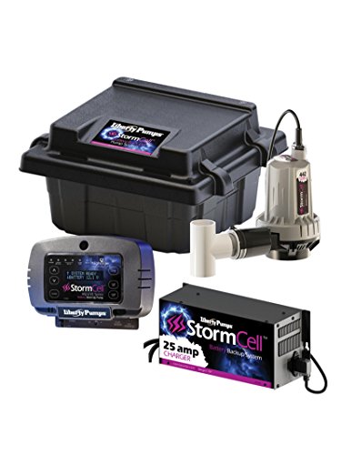 Liberty Pumps sump pump system with black basin, silver submersible pump, blue control panel, and 25 amp battery backup unit.