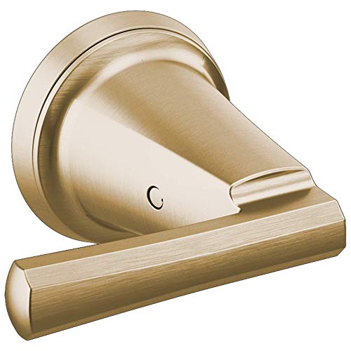 Brushed gold wall-mounted lever handle with round mounting plate and cylindrical lever arm.