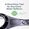 Multi-hose tool with gray handle and black hose attachment for water softener maintenance.