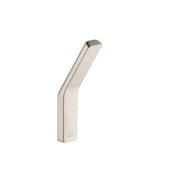 Brushed nickel hook with angled curved design and rounded top.