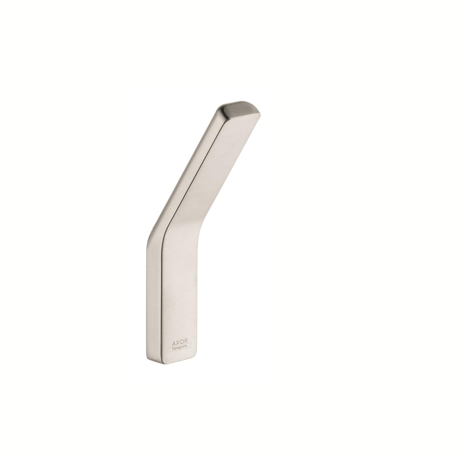 Brushed nickel hook with angled curved design and rounded top.