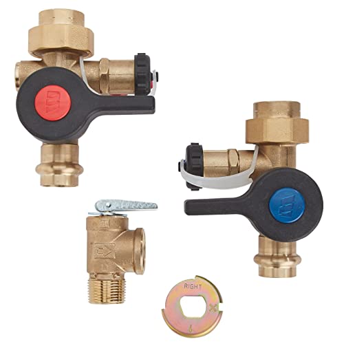 Brass valve set with two assembled valves featuring red and blue handles, one brass outlet valve, metal clip, and washer.