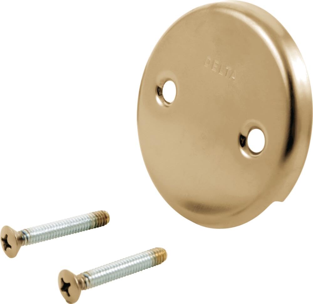 Champagne bronze circular overflow plate with two mounting holes and two brass screws.