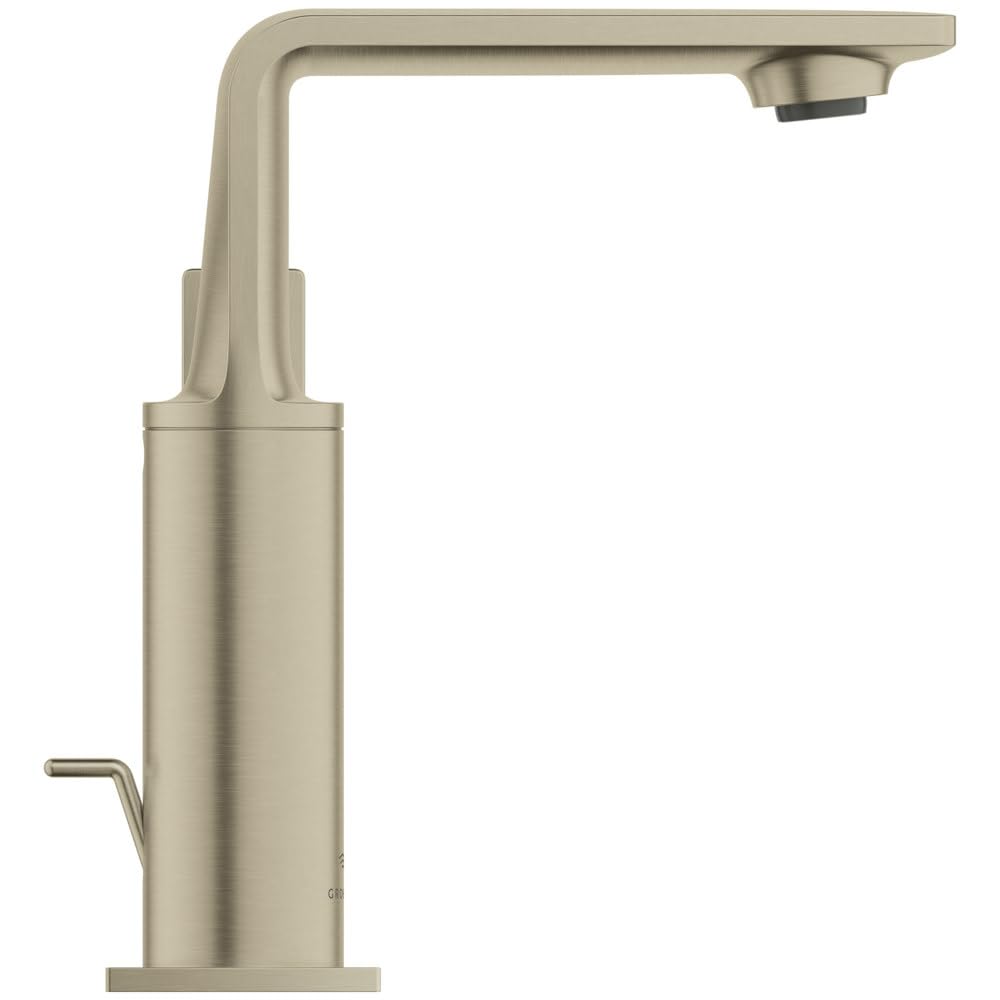 Grohe Allure chrome bathroom faucet with tall curved spout and single handle on cylindrical base.