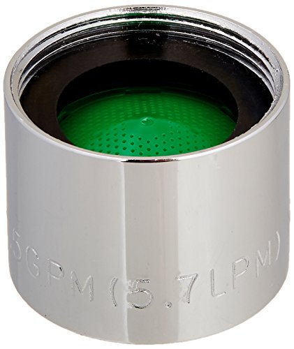 Chrome faucet aerator with green mesh screen inside cylindrical body and threaded base.