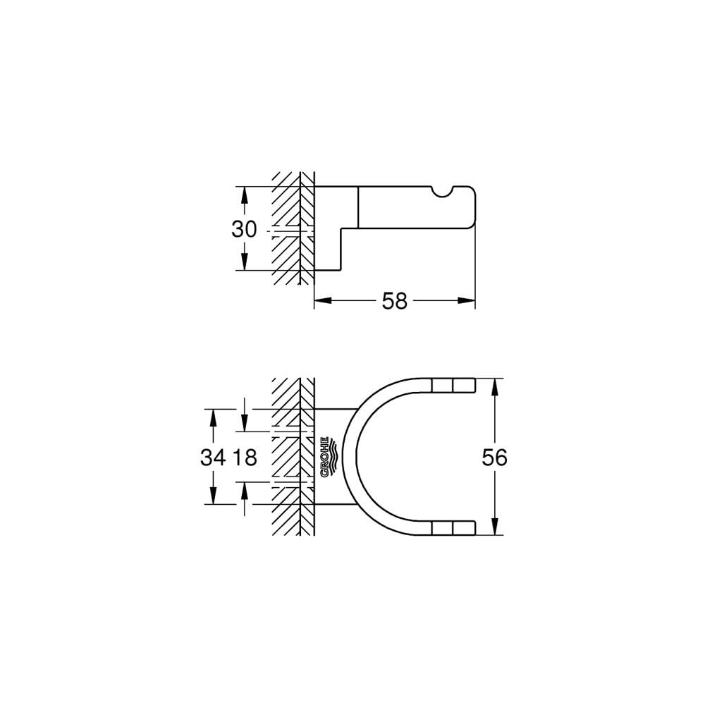Robe hook with curved design shown in front and side technical drawings with dimensions.