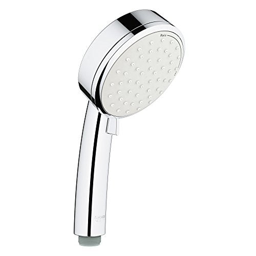 Chrome hand shower with round perforated head and cylindrical handle with black accent band.