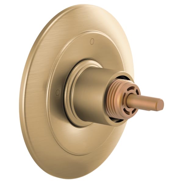 Champagne bronze circular diverter trim with central knob and threaded valve outlet on white background.