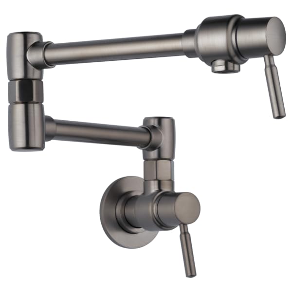 Brushed stainless steel wall-mounted pot filler with articulating arm and lever handle.