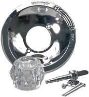 Chrome shower trim kit with clear acrylic knob handle, escutcheon plate, and mounting hardware.