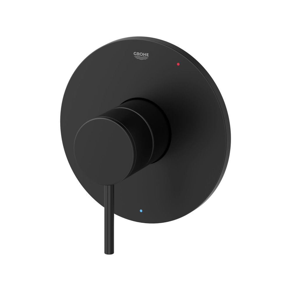 Black chrome circular valve trim with single lever handle and red and blue indicator dots.