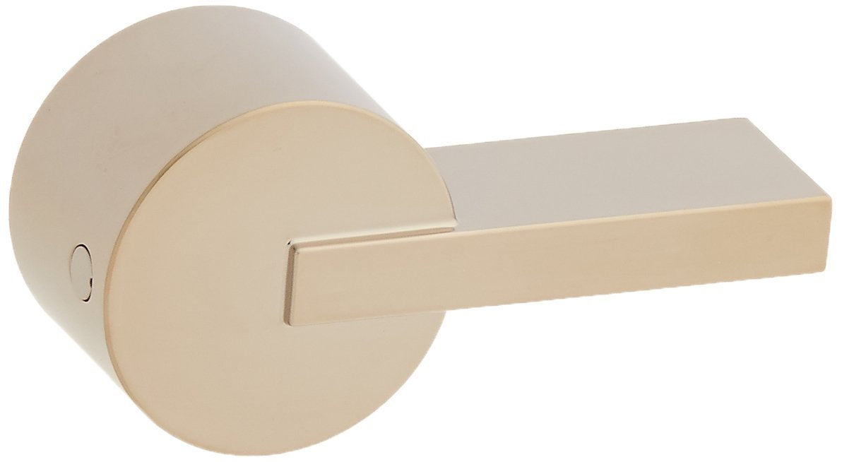 Stainless steel lever door handle with circular rose and rectangular handle in brushed finish.