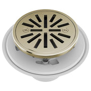 Round shower drain with polished nickel cover featuring radial slot pattern and mounting flange below.