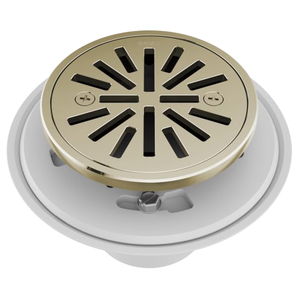 Round shower drain with polished nickel cover featuring radial slot pattern and mounting flange below.