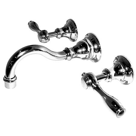 Satin nickel wall-mount lavatory faucet with curved spout and separate hot and cold handles.