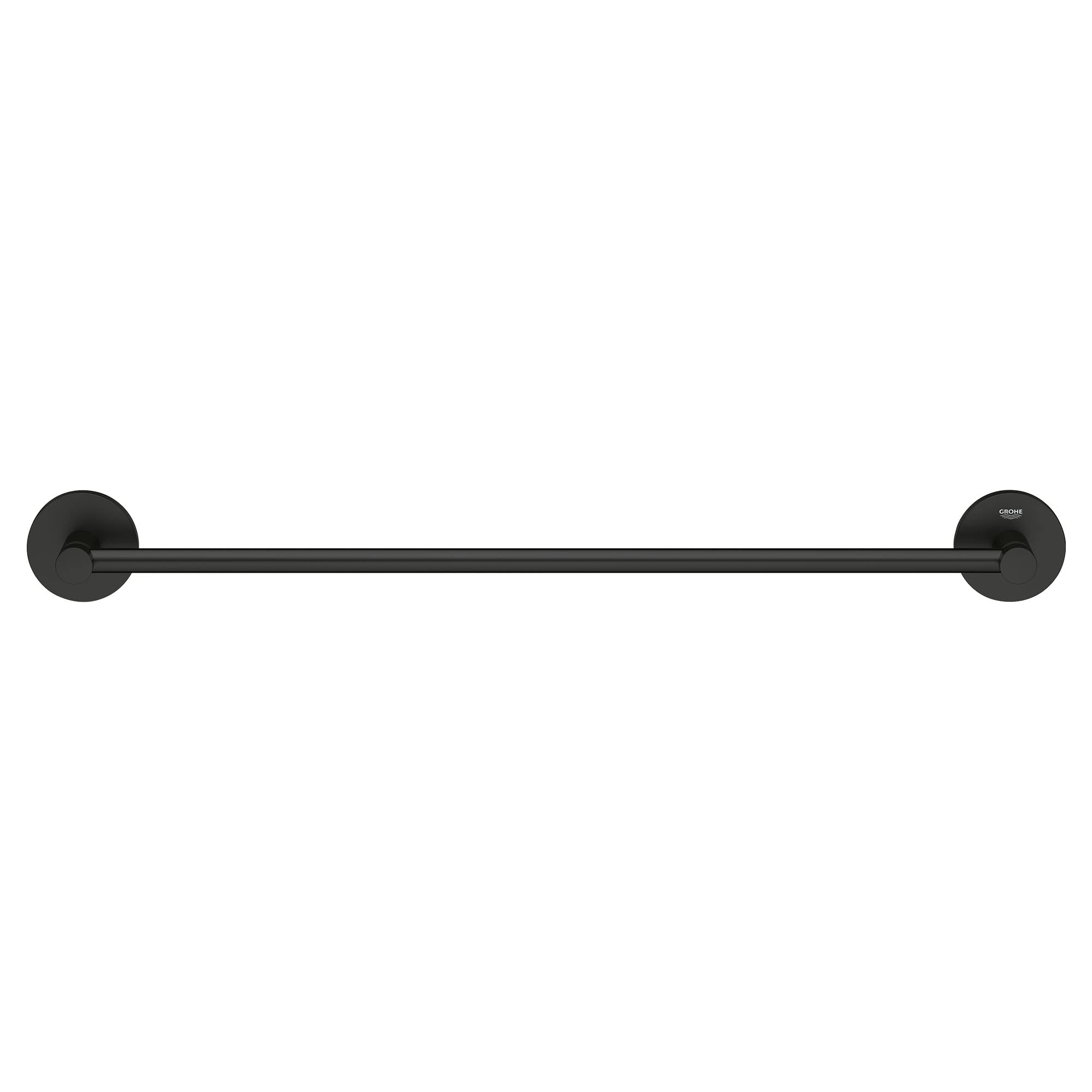 Matte black towel bar with circular wall mounts on each end.