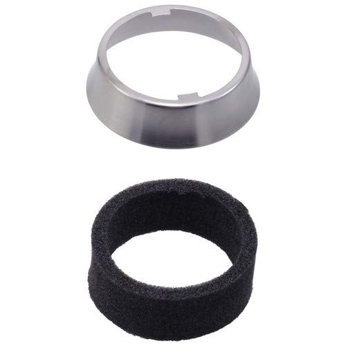 Stainless steel escutcheon ring and black foam gasket for pull-out faucet installation.