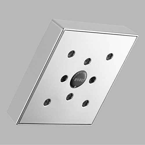 Square chrome wall mount shower head with multiple spray nozzles arranged in a grid pattern and central logo.