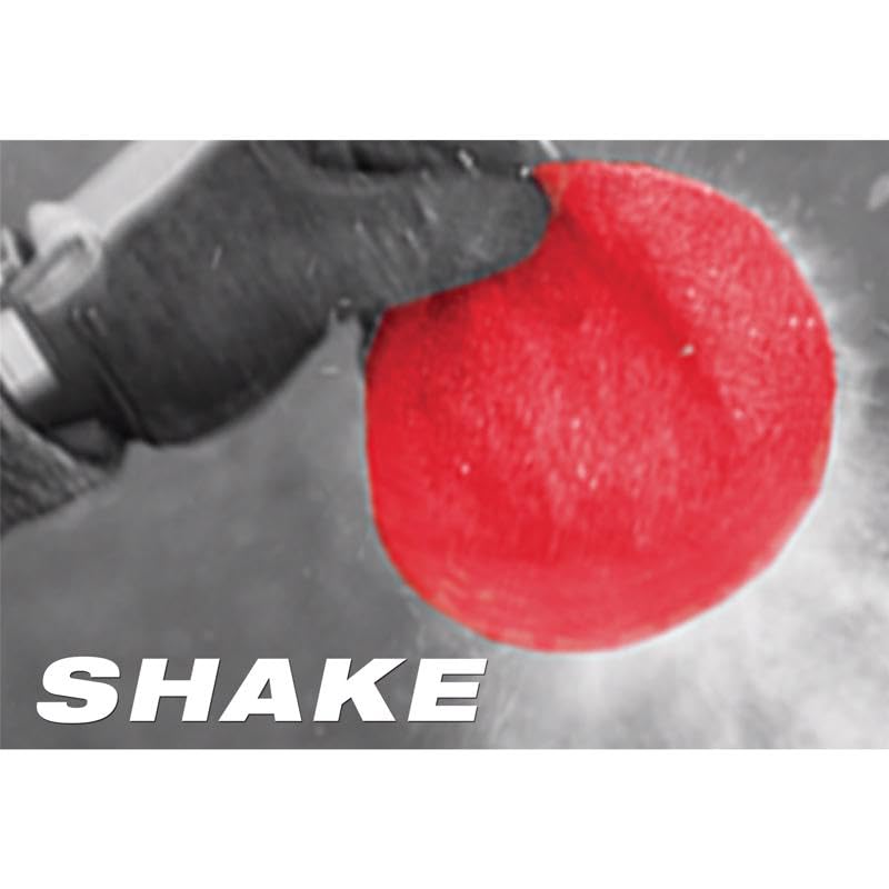 Red circular sanding sheet with textured surface attached to power tool pad.