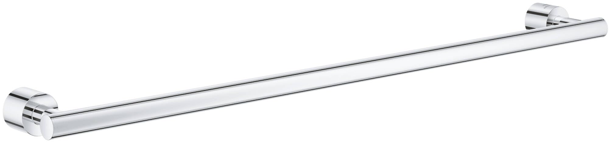 Chrome towel rail with cylindrical bar and square mounting brackets, approximately 24 inches long.