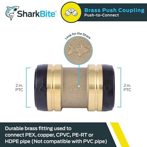 Brass push-to-connect coupling fitting with 2 in. PTC connections on both ends and black grip rings.