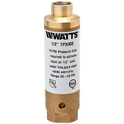 Brass trap primer with 1/2 inch solder connection on top and threaded outlet, white label with Watts branding and specificati