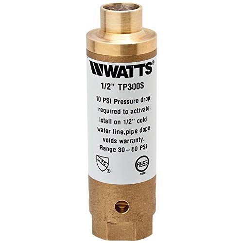 Brass trap primer with 1/2 inch solder connection on top and threaded outlet, white label with Watts branding and specificati