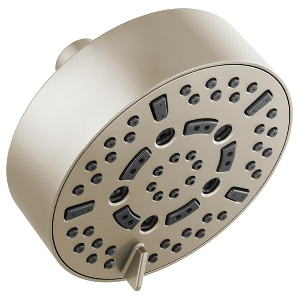 Round brushed nickel wall-mounted shower head with multiple spray nozzles and adjustment lever.