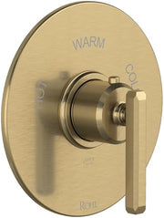 Antique gold thermostatic shower trim with oval backplate, temperature dial, and single lever handle.