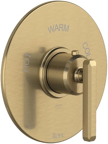 Antique gold thermostatic shower trim with oval backplate, temperature dial, and single lever handle.