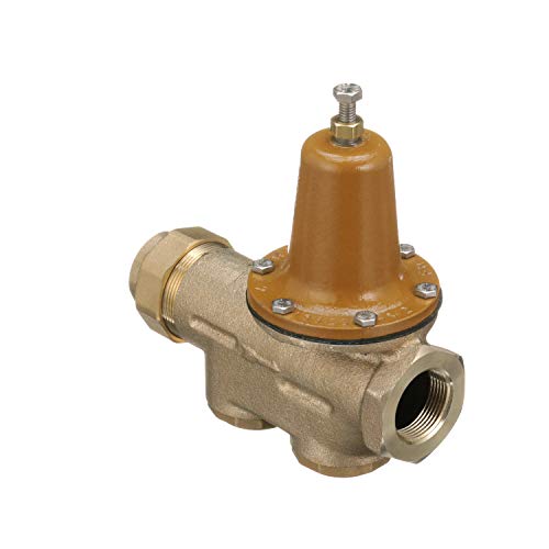 Brass RPZ backflow preventer with brown cap and adjustable relief valve screw on top.